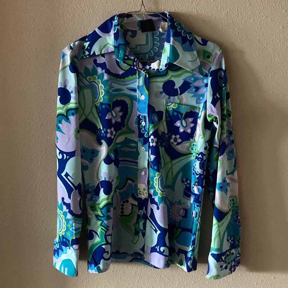 Vintage 70s Groovy Blue Lavender Turquoise Psychedelic Floral Button-Down Blouse